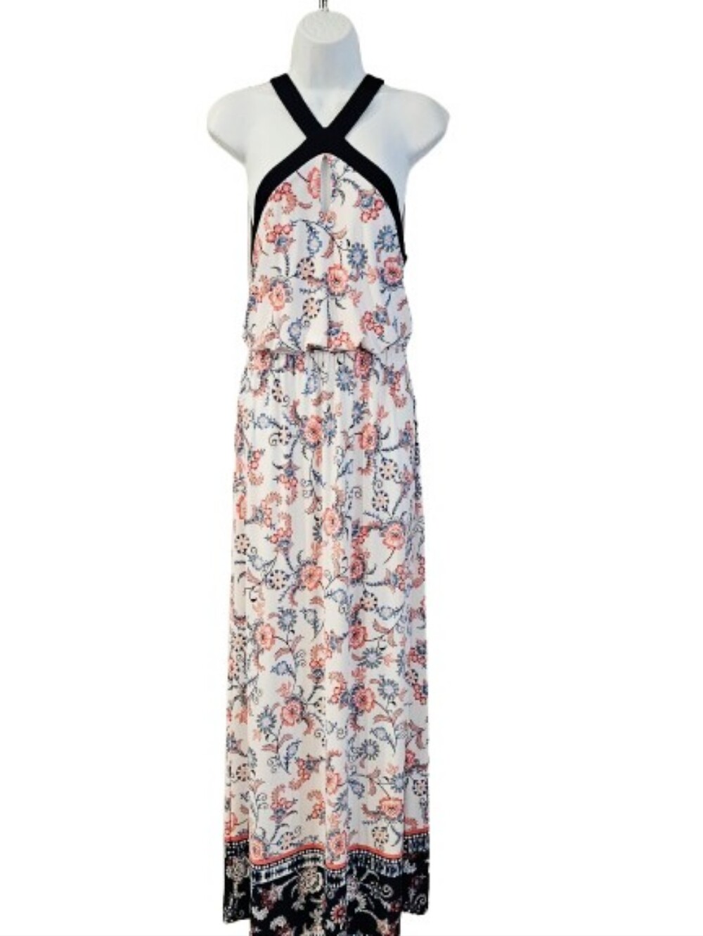 Trixxi Floral Navy Trim Maxi Dress Size Large Boho Sleeveless